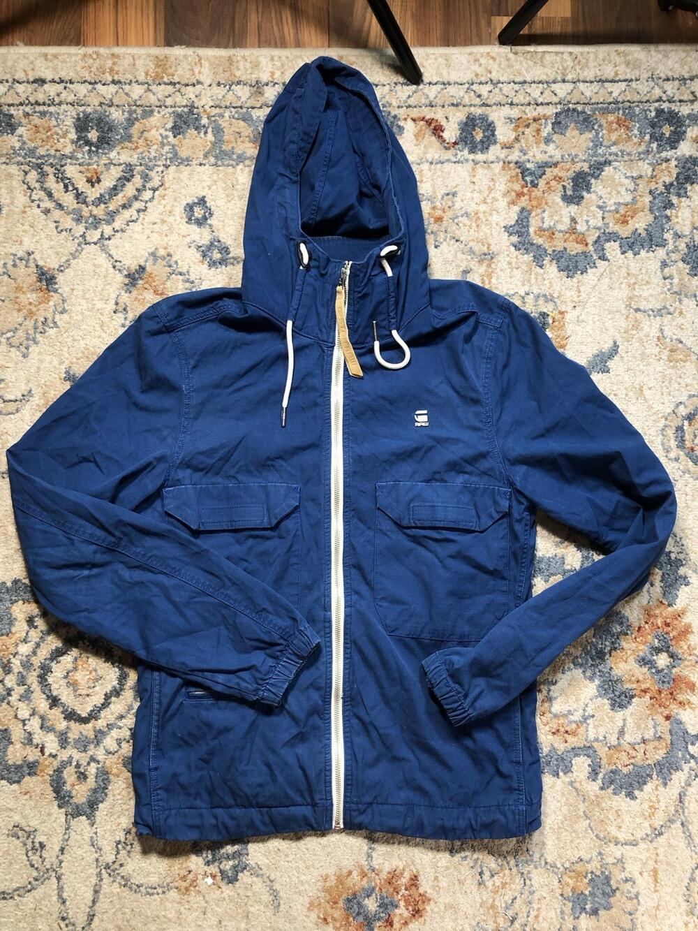 G-Star RAW Jacket Mens Small Blue Canvas Hooded Full Zip Windbreaker Lightweight